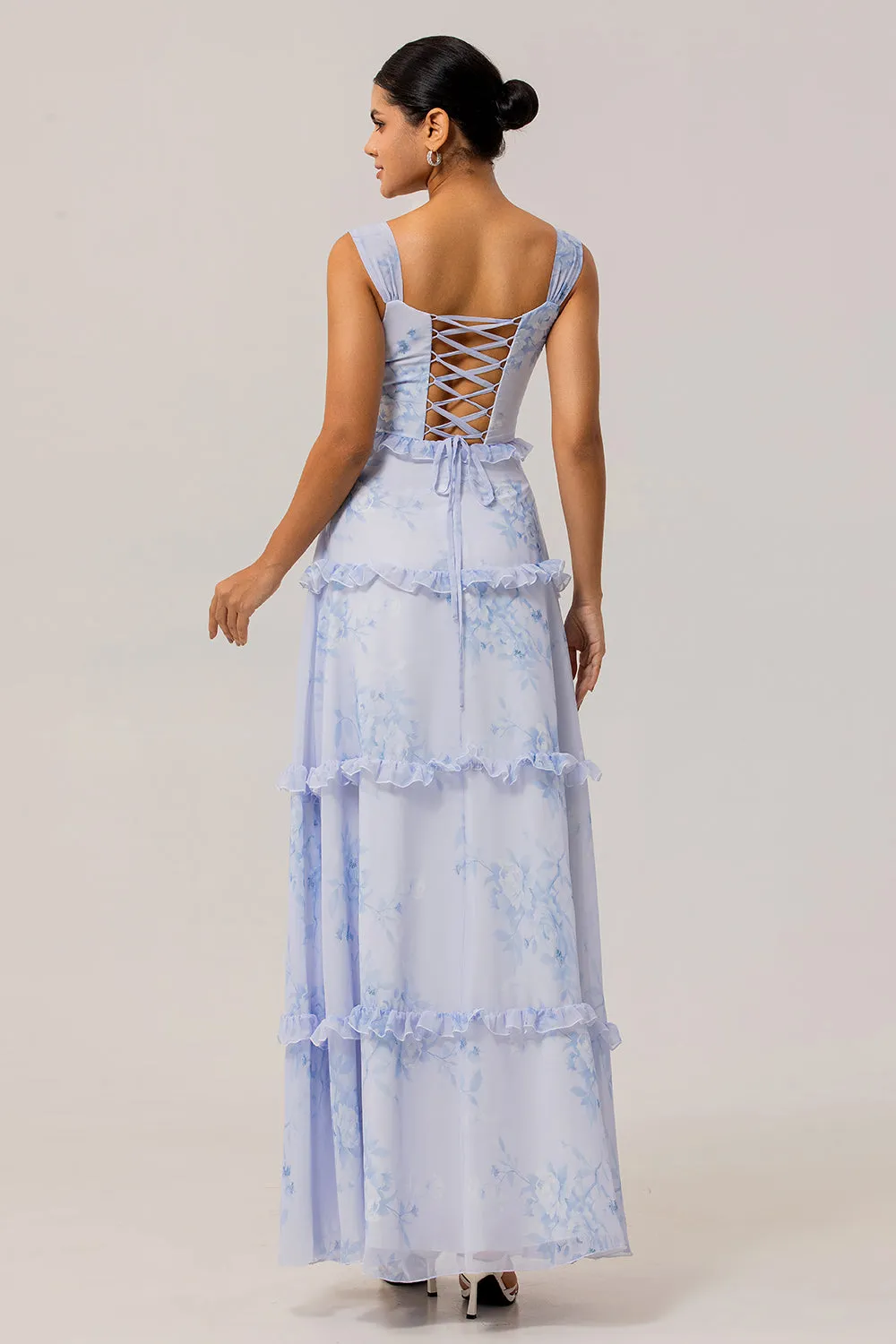 Blue Floral Ruffled A Line Corset Long Wedding Guest Dress sold by Zapaka product image thumbnail 2