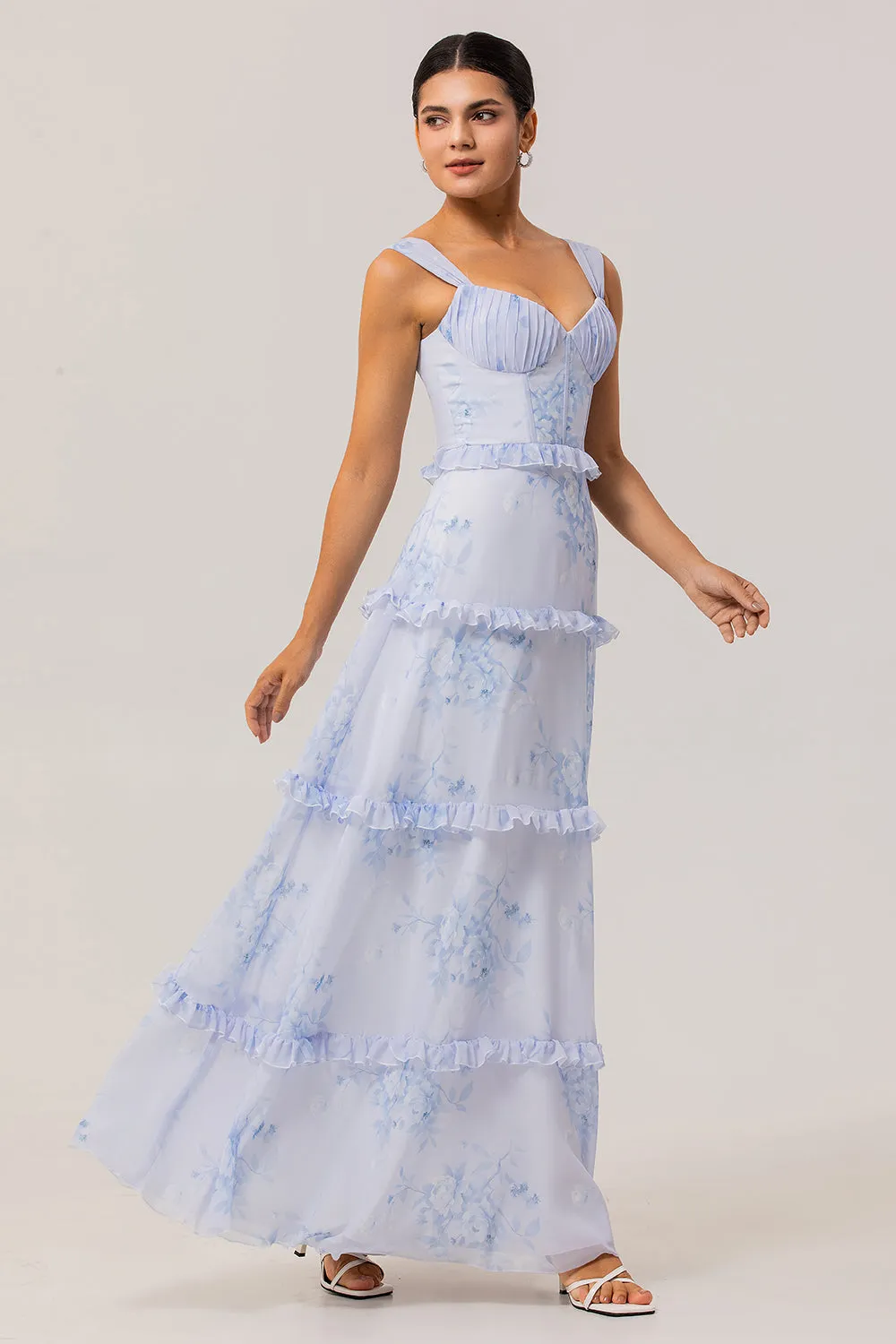 Blue Floral Ruffled A Line Corset Long Wedding Guest Dress sold by Zapaka product image thumbnail 3