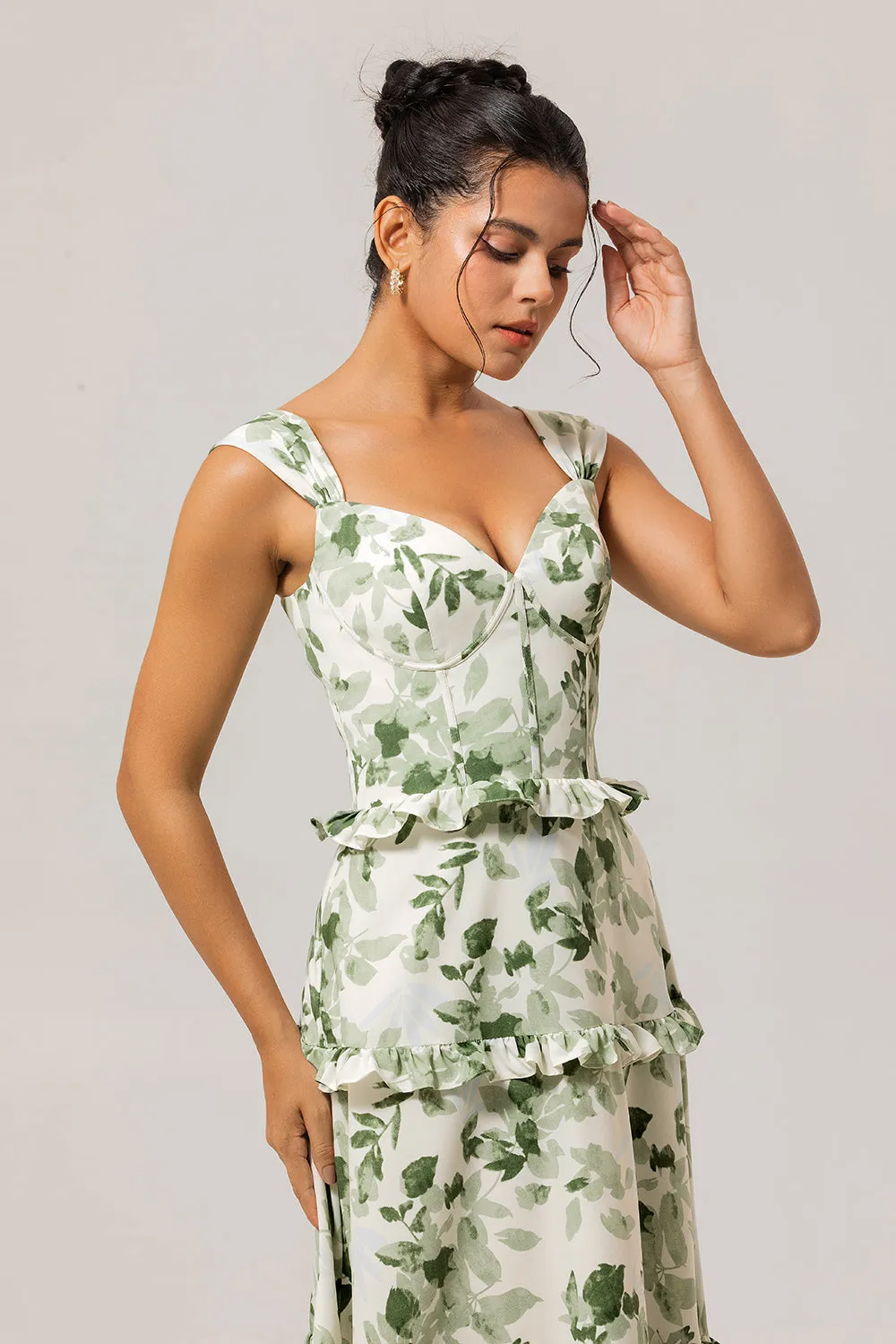 Green Floral Ruffled Corset A Line Long Bridesmaid Dress sold by Zapaka product image thumbnail 5