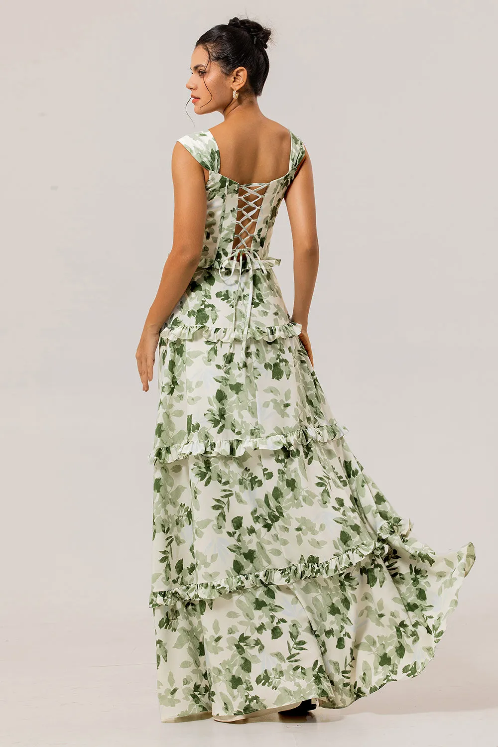 Green Floral Ruffled Corset A Line Long Bridesmaid Dress sold by Zapaka product image thumbnail 2