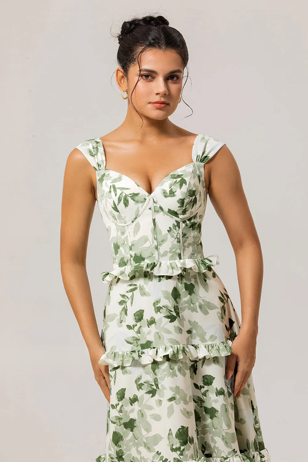 Green Floral Ruffled Corset A Line Long Bridesmaid Dress sold by Zapaka product image thumbnail 4
