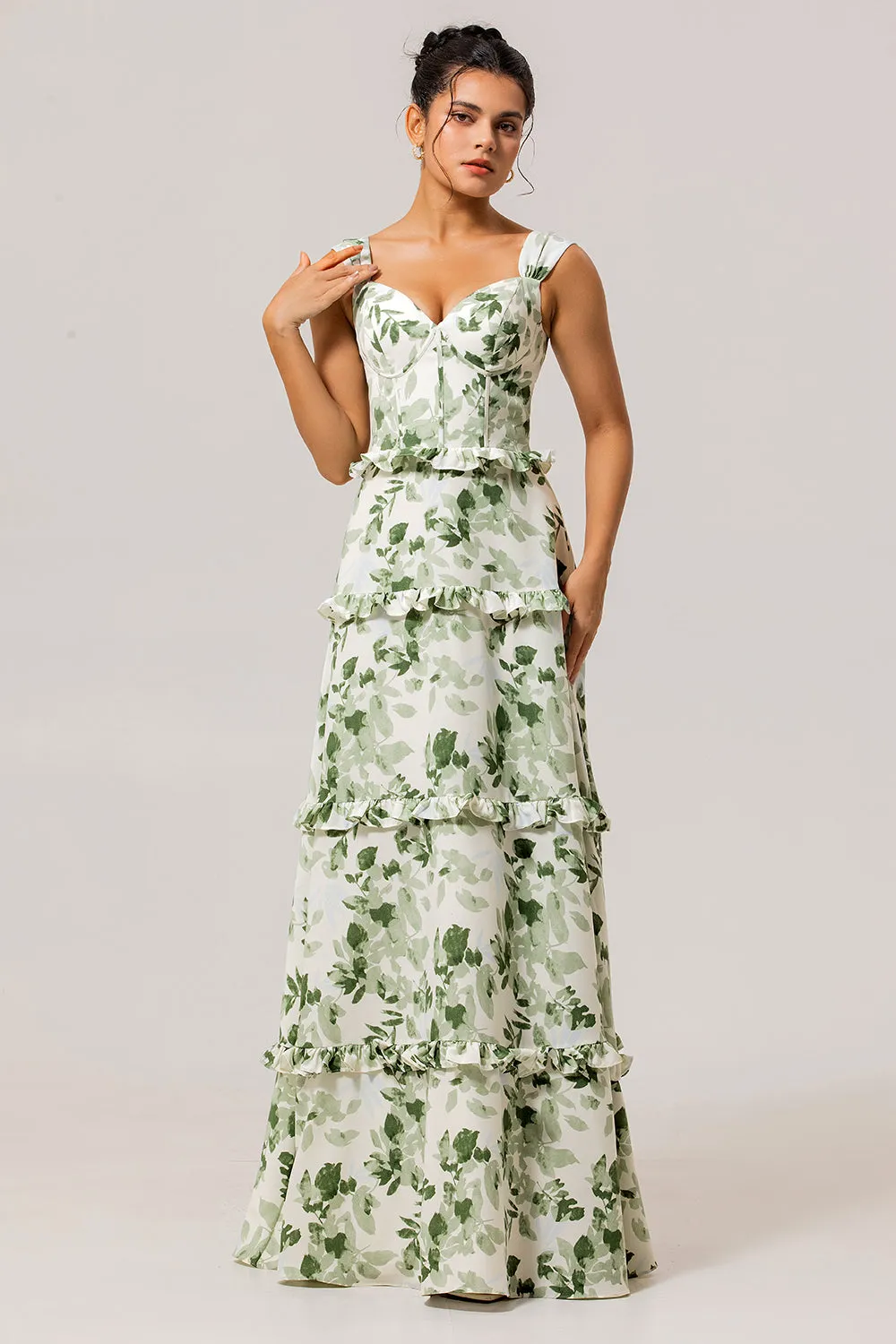 Green Floral Ruffled Corset A Line Long Bridesmaid Dress sold by Zapaka