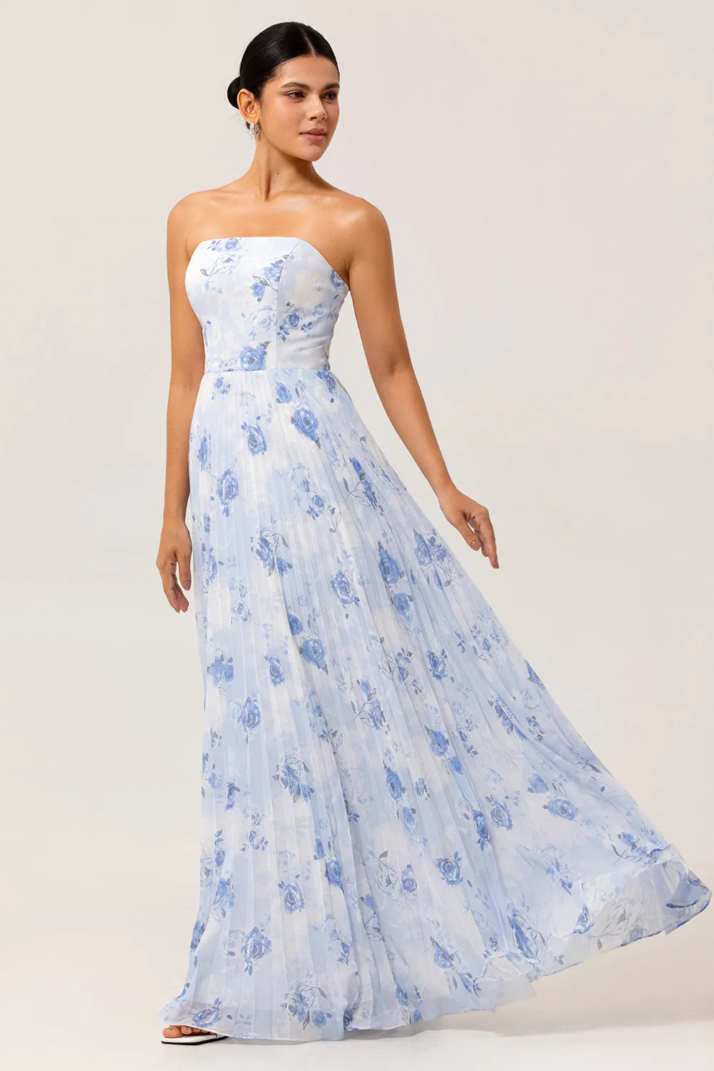 Strapless Blue Floral A Line Pleated Long Bridesmaid Dress sold by Zapaka product image thumbnail 3