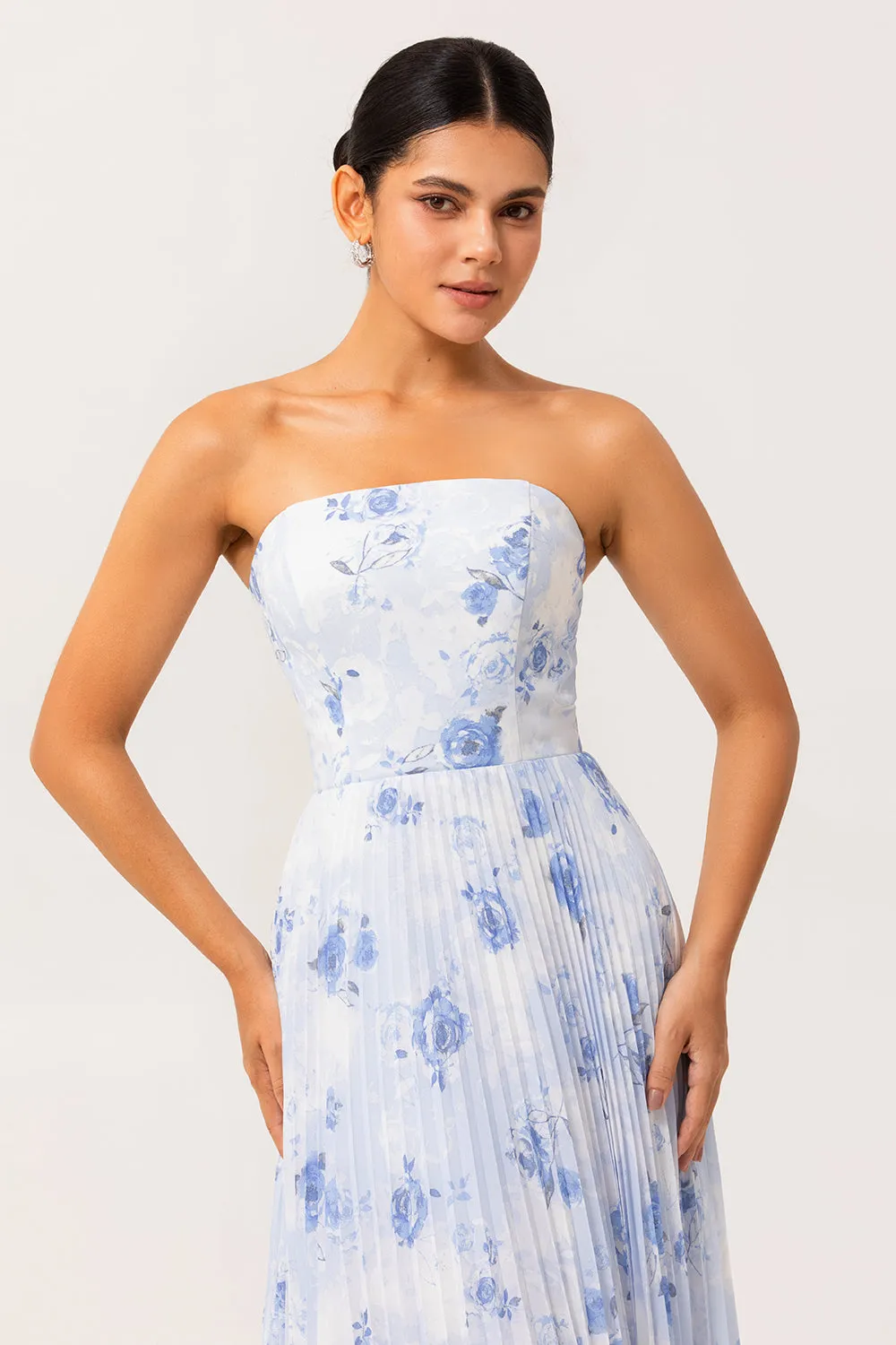 Strapless Blue Floral A Line Pleated Long Bridesmaid Dress sold by Zapaka product image thumbnail 4