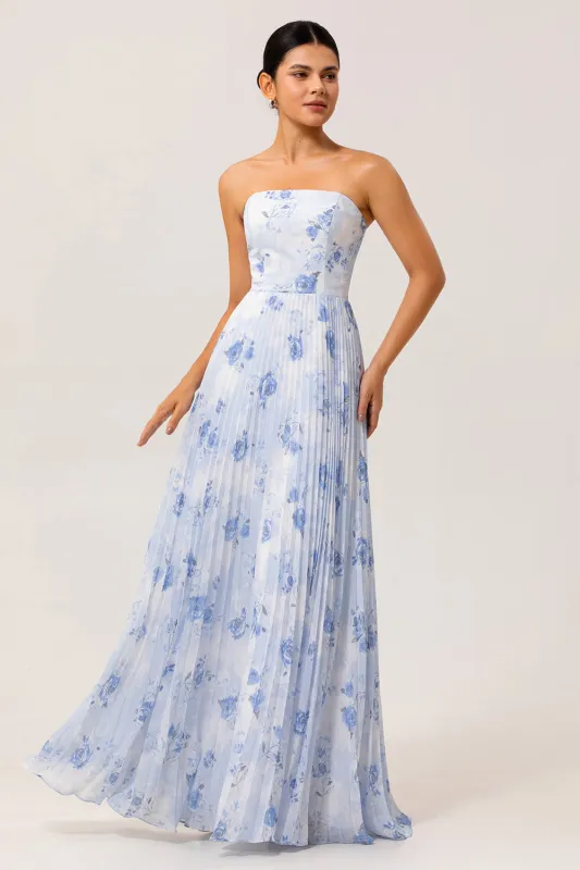 Strapless Blue Floral A Line Pleated Long Bridesmaid Dress sold by Zapaka