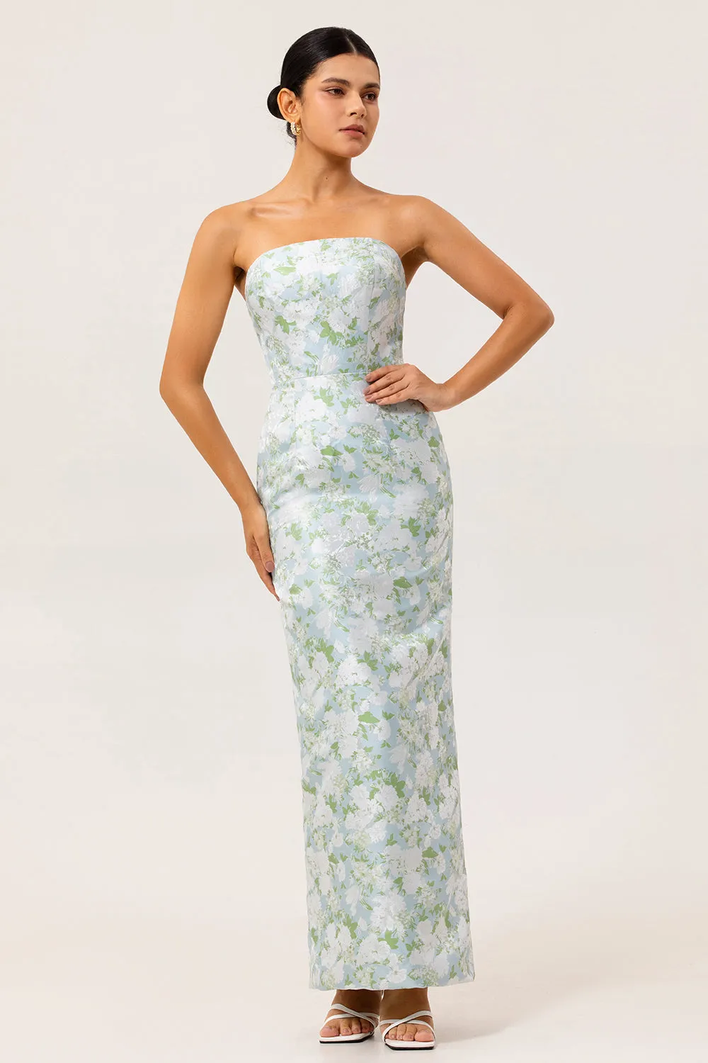 White Blue Floral Strapless Printed Sheath Bridesmaid Dress sold by Zapaka