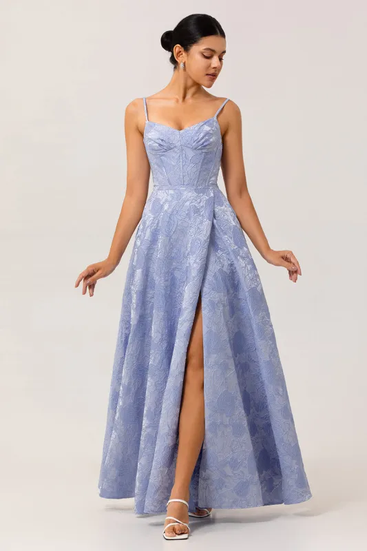Blue A Line Spaghetti Straps Brocade Corset Prom Dress with Slit sold by Zapaka