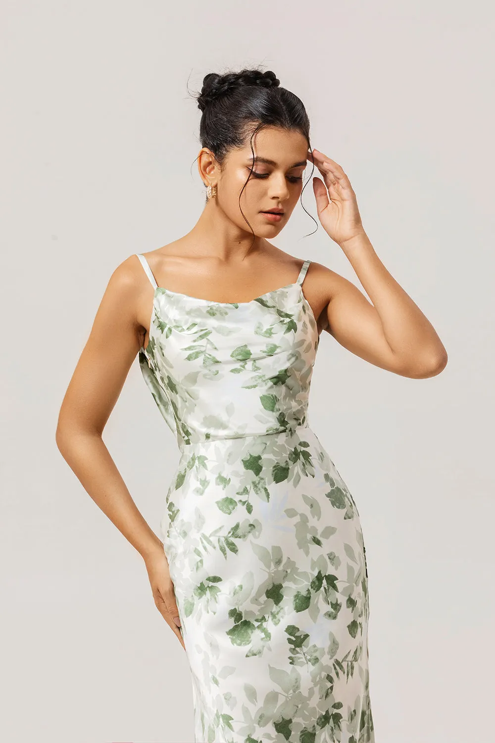 Green Floral Sheath Cowl Neck Bridesmaid Dress with Slit sold by Zapaka product image thumbnail 4