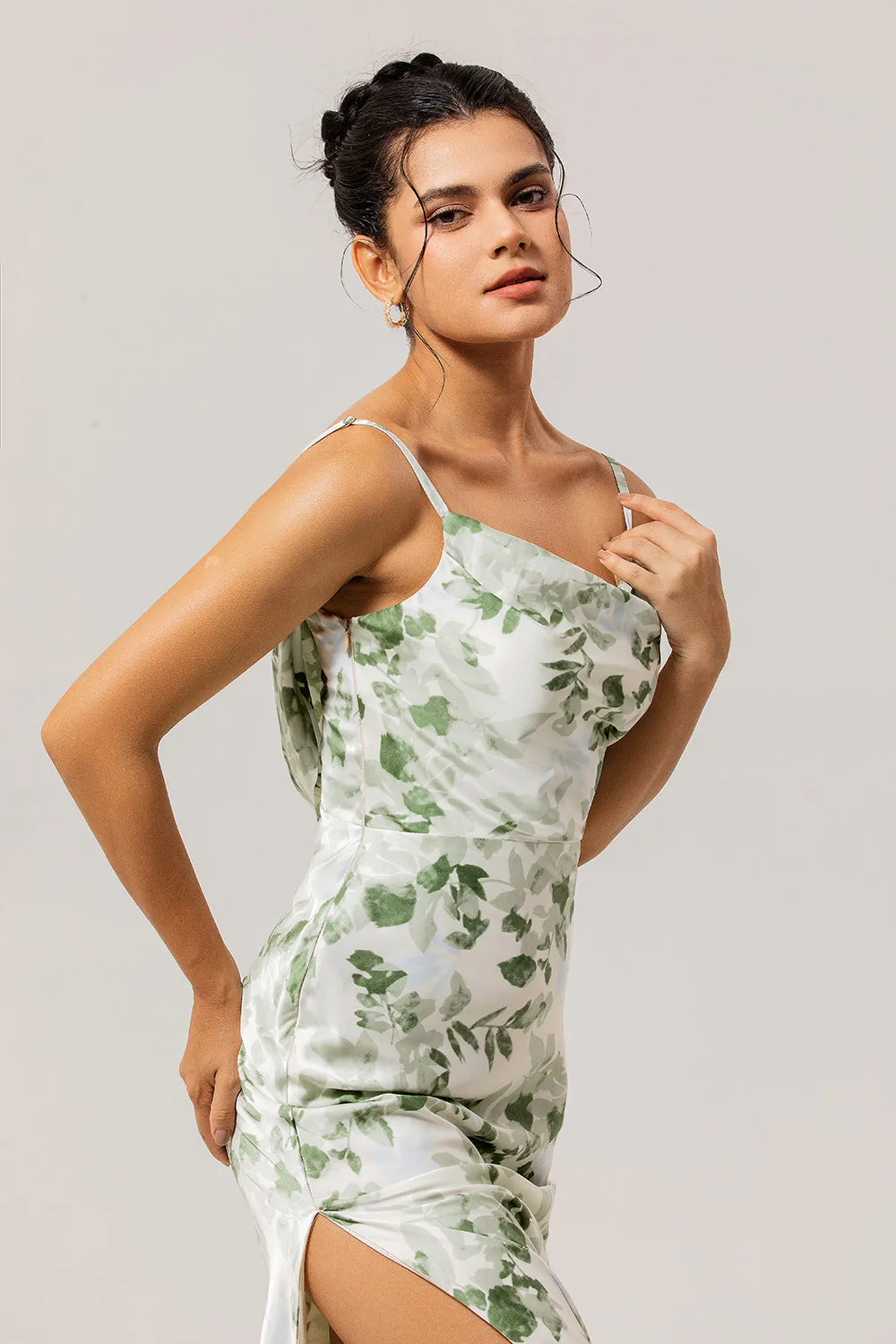 Green Floral Sheath Cowl Neck Bridesmaid Dress with Slit sold by Zapaka product image thumbnail 5