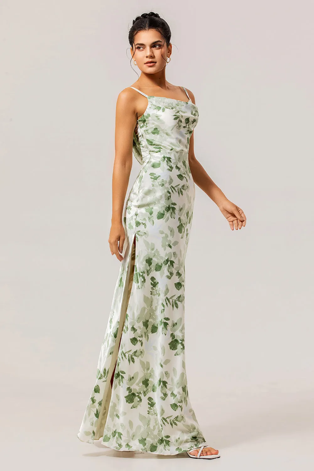 Green Floral Sheath Cowl Neck Bridesmaid Dress with Slit sold by Zapaka product image thumbnail 3