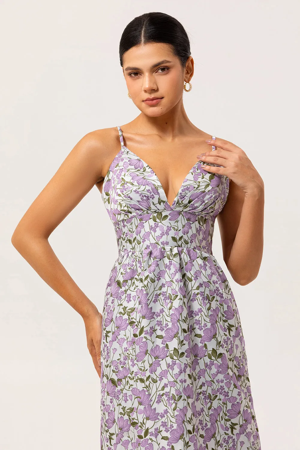 Purple Floral A Line Printed Spaghetti Straps Wedding Guest Dress sold by Zapaka product image thumbnail 4