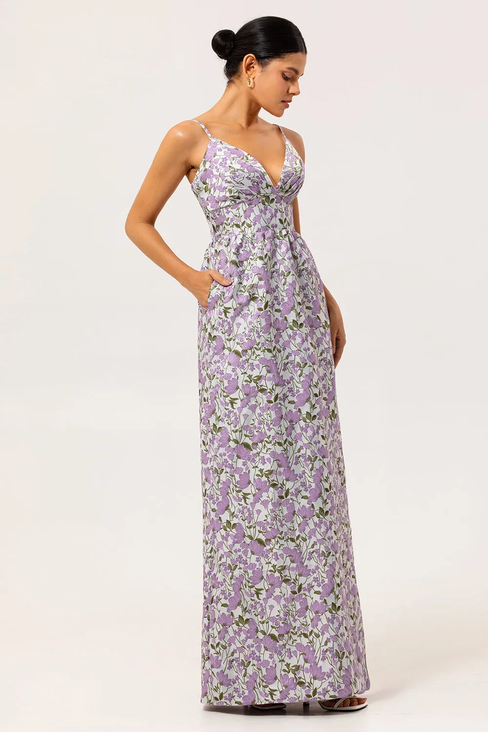 Purple Floral A Line Printed Spaghetti Straps Wedding Guest Dress sold by Zapaka product image thumbnail 3
