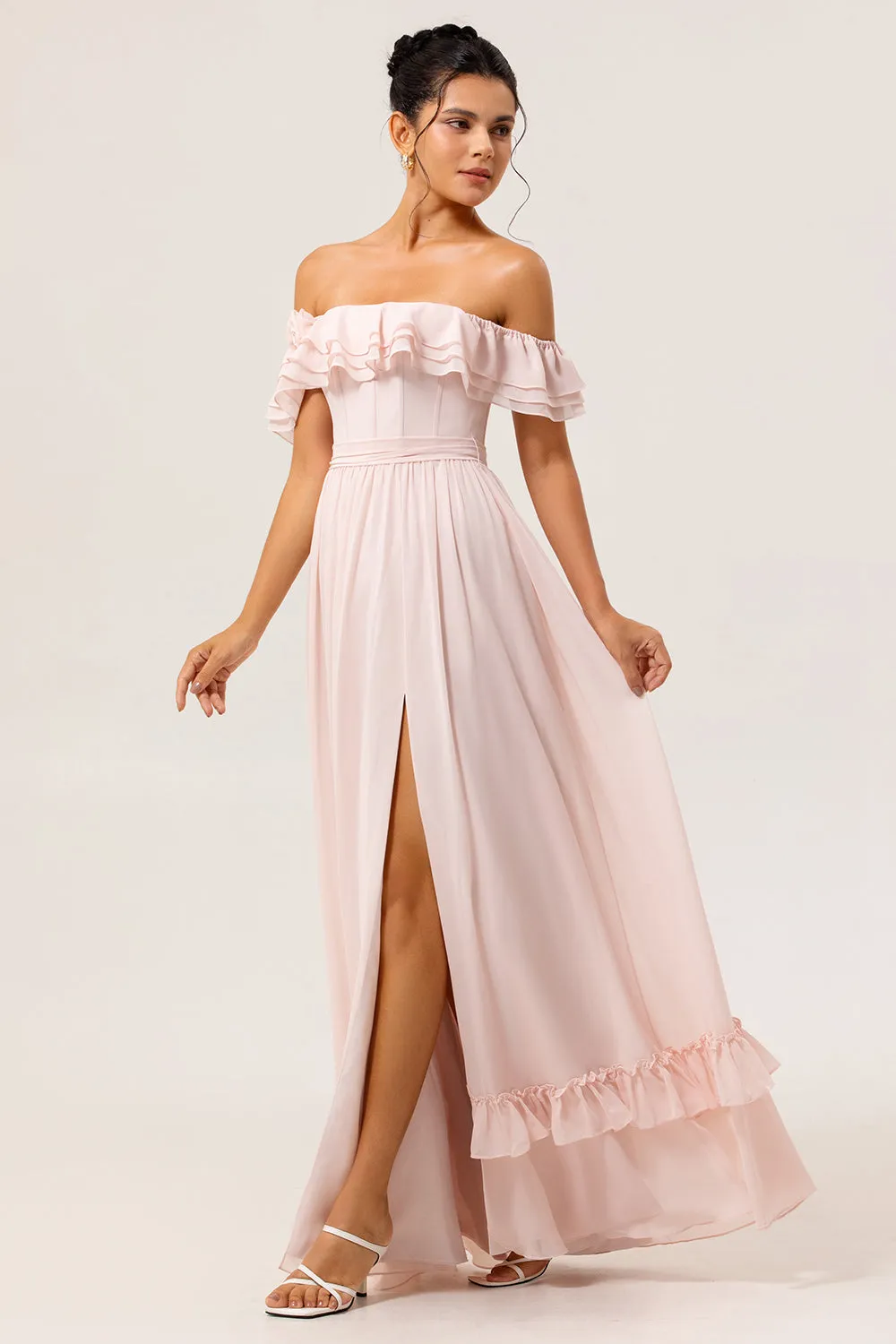 Off The Shoulder Ruffled Blush A Line Bridesmaid Dress with Slit sold by Zapaka product image thumbnail 3