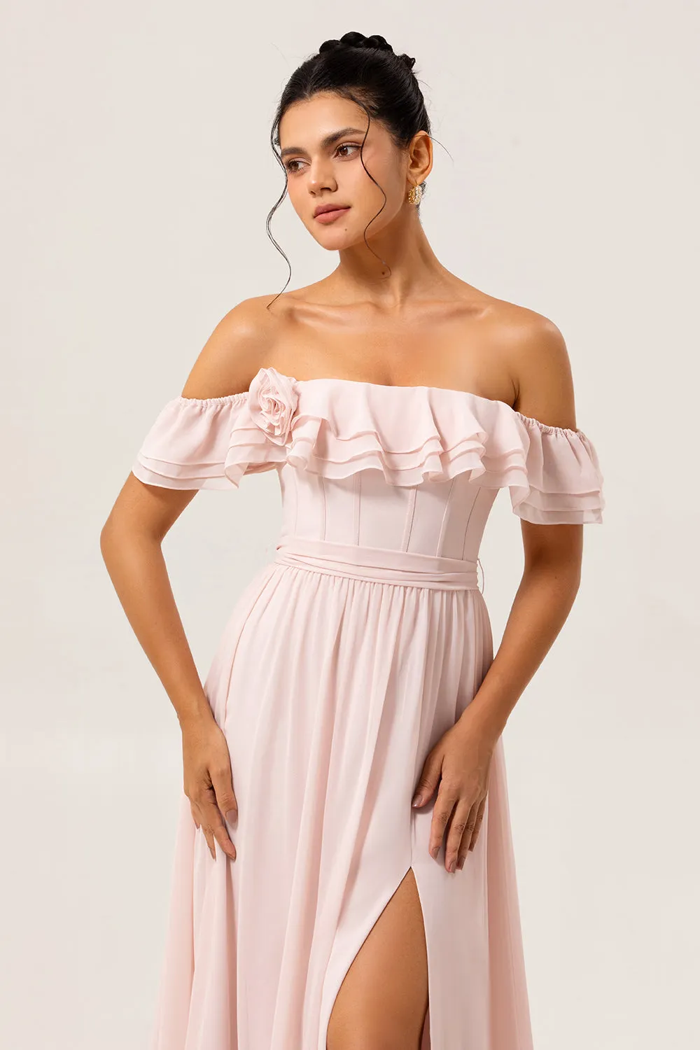 Off The Shoulder Ruffled Blush A Line Bridesmaid Dress with Slit sold by Zapaka product image thumbnail 4