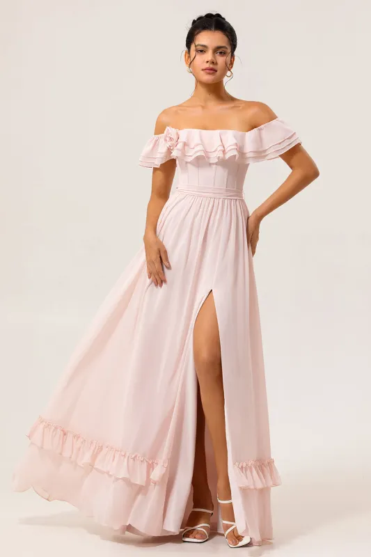 Off The Shoulder Ruffled Blush A Line Bridesmaid Dress with Slit sold by Zapaka
