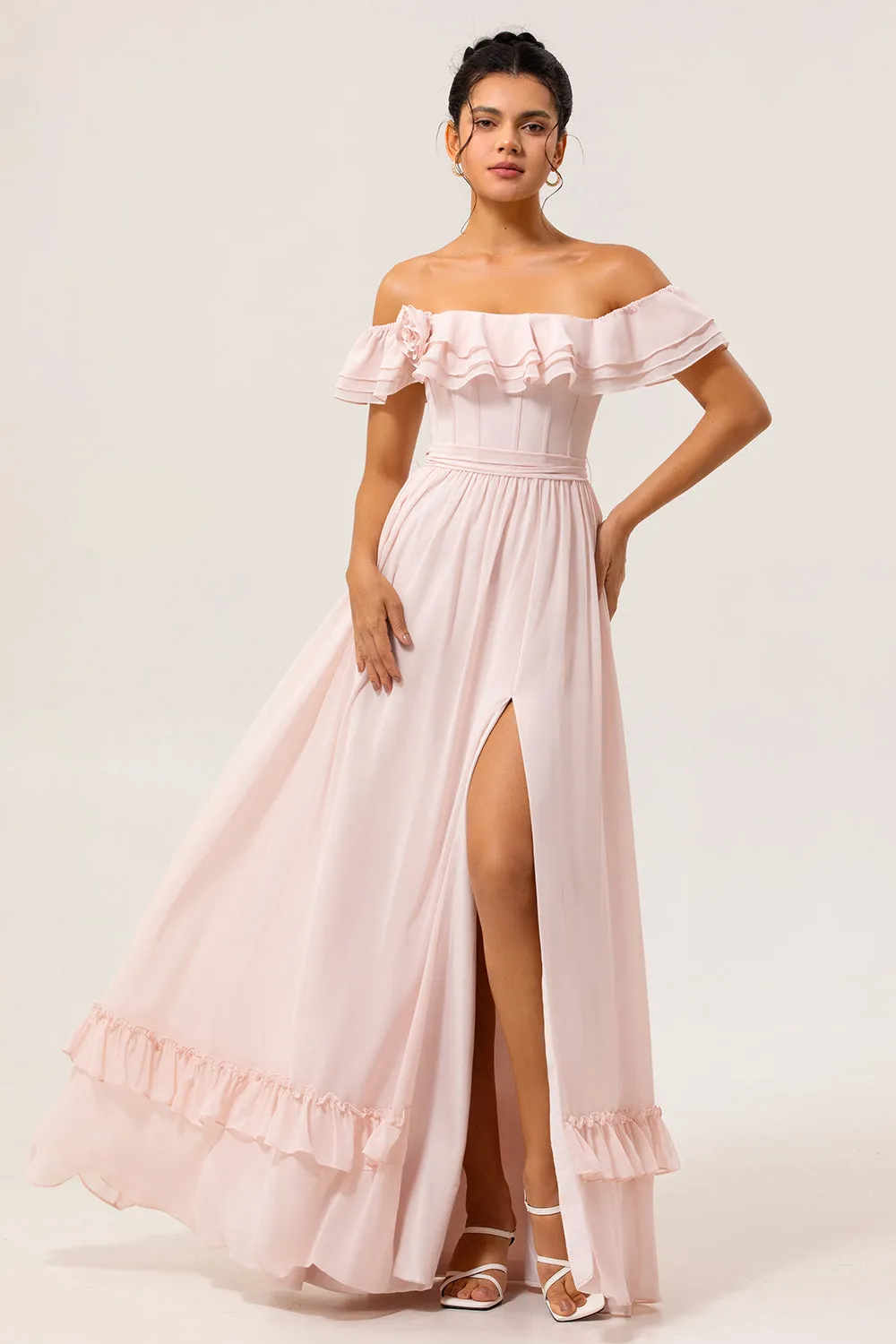 Off The Shoulder Ruffled Blush A Line Bridesmaid Dress with Slit sold by Zapaka