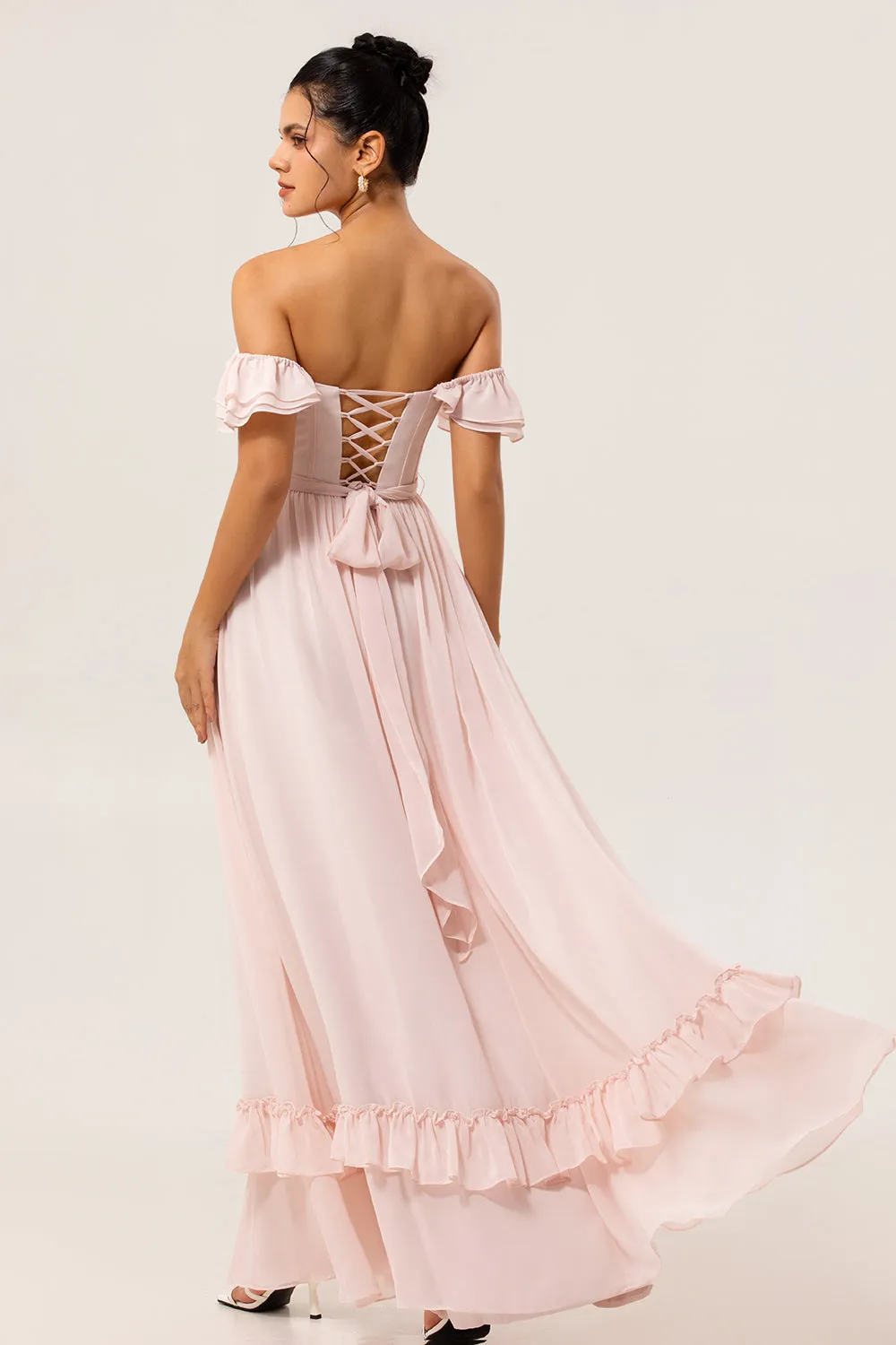 Off The Shoulder Ruffled Blush A Line Bridesmaid Dress with Slit sold by Zapaka product image thumbnail 2