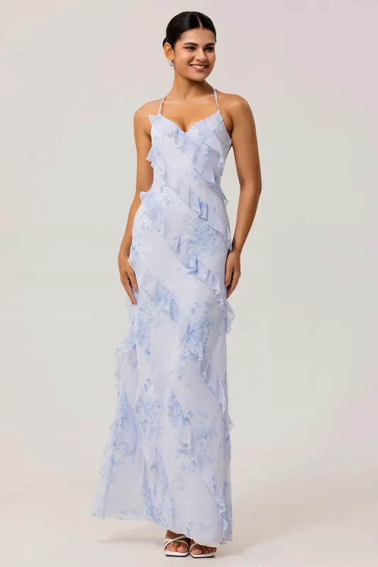 Blue Floral Ruffled Sheath Printed Wedding Guest Dress sold by Zapaka