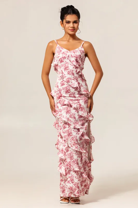 Blush Floral Sheath Ruffled Long Wedding Guest Dress with Slit sold by Zapaka