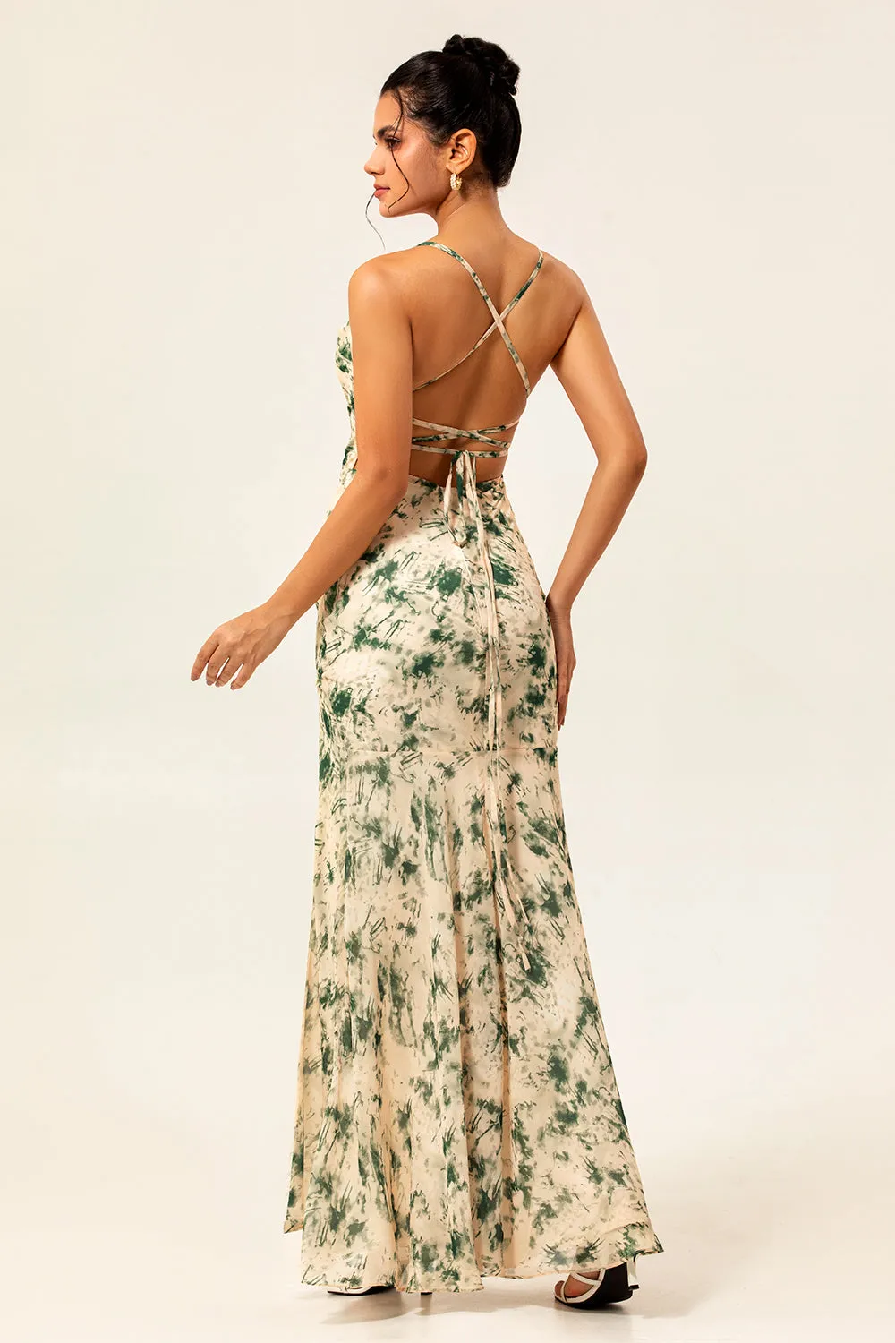 Champagne Floral Mermaid Printed Bridesmaid Dress with Slit sold by Zapaka product image thumbnail 2
