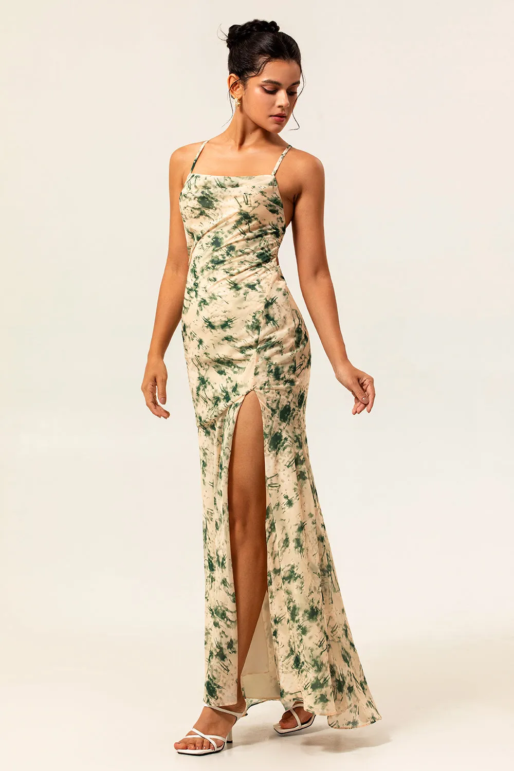 Champagne Floral Mermaid Printed Bridesmaid Dress with Slit sold by Zapaka product image thumbnail 3