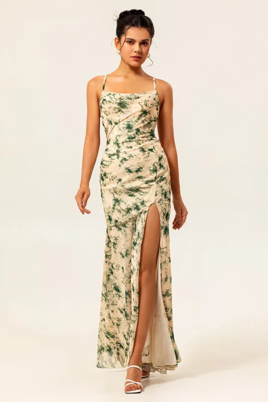 Champagne Floral Mermaid Printed Bridesmaid Dress with Slit sold by Zapaka