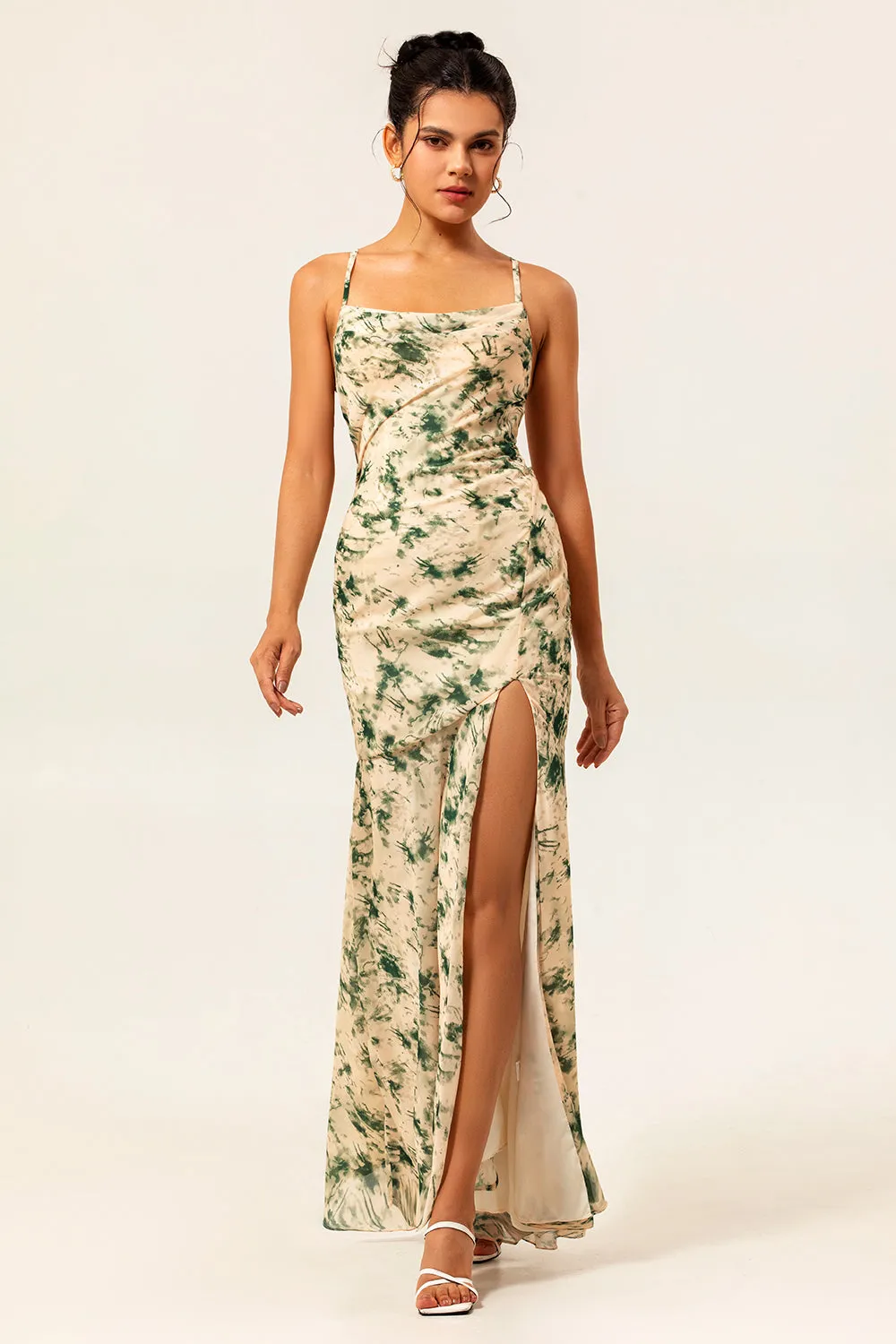 Champagne Floral Mermaid Printed Bridesmaid Dress with Slit sold by Zapaka