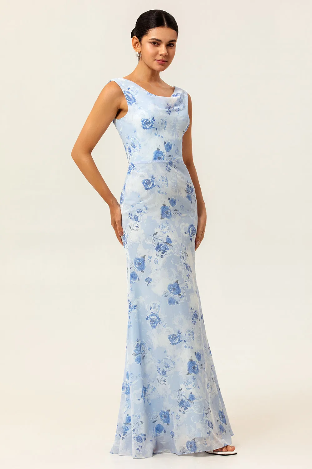 Blue Floral Sheath Cowl Neck Long Wedding Guest Dress sold by Zapaka product image thumbnail 3