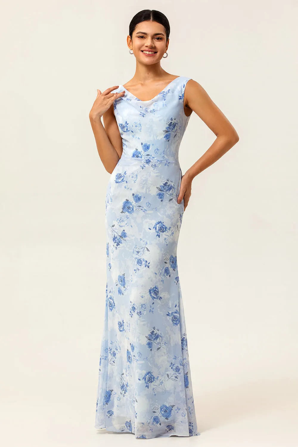 Blue Floral Sheath Cowl Neck Long Wedding Guest Dress sold by Zapaka