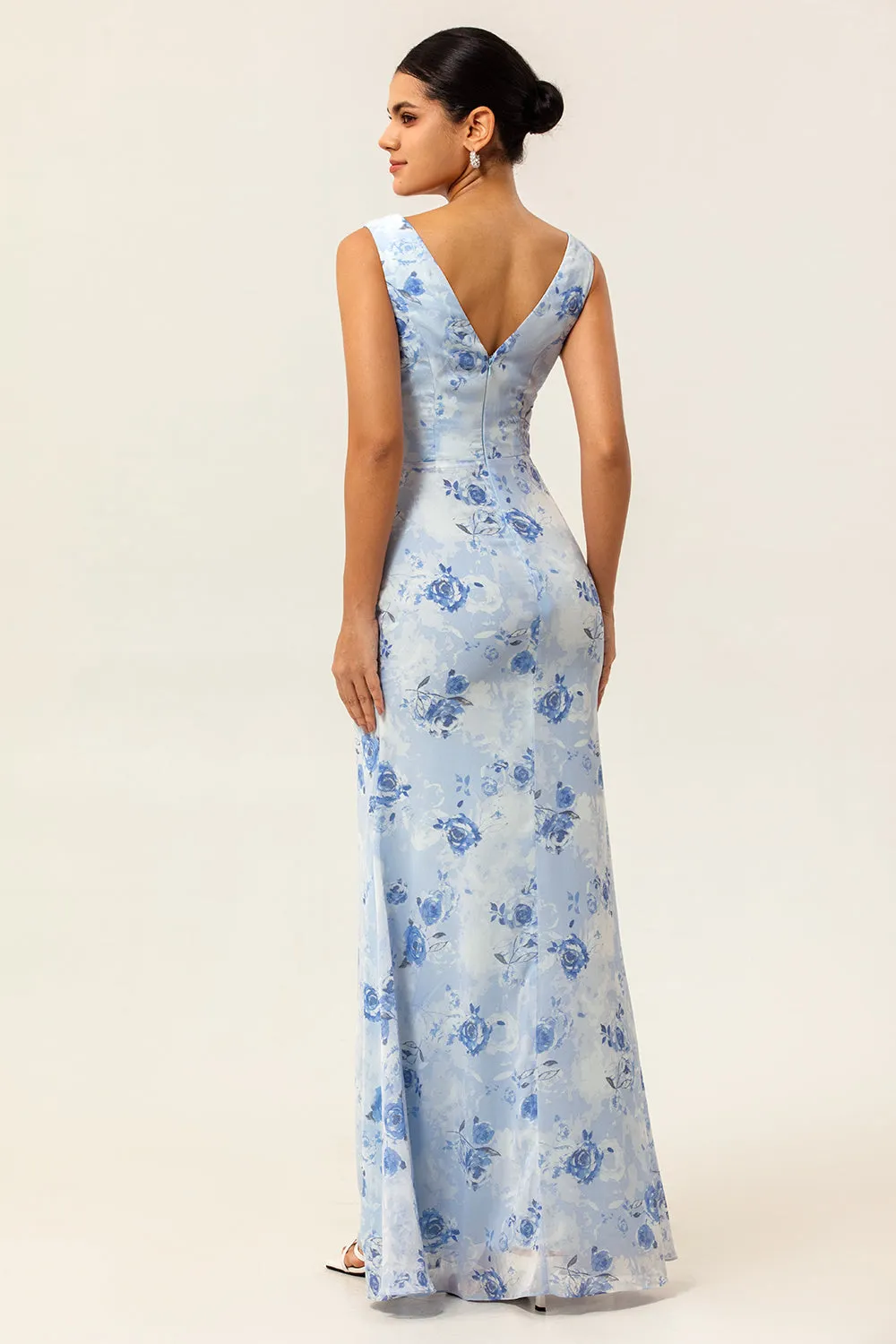 Blue Floral Sheath Cowl Neck Long Wedding Guest Dress sold by Zapaka product image thumbnail 2