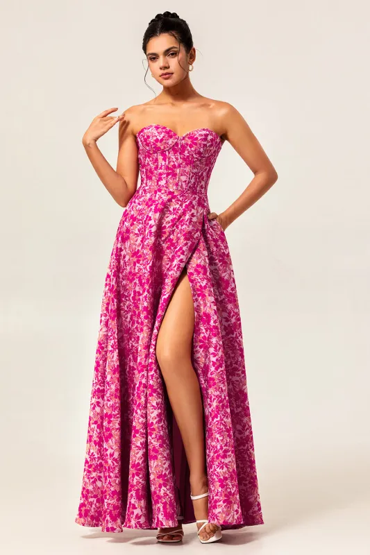 Fuchsia Floral Strapless Corset A-Line Wedding Guest Dress with Pockets sold by Zapaka