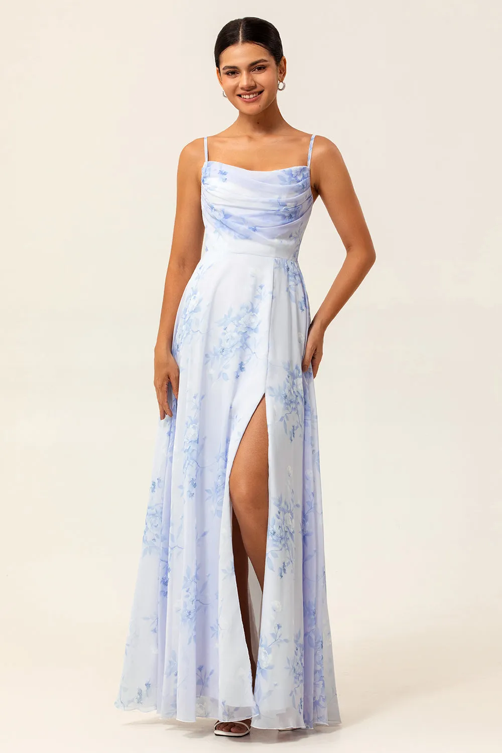 Blue Floral Spaghetti Straps A Line Long Bridesmaid Dress with Slit sold by Zapaka