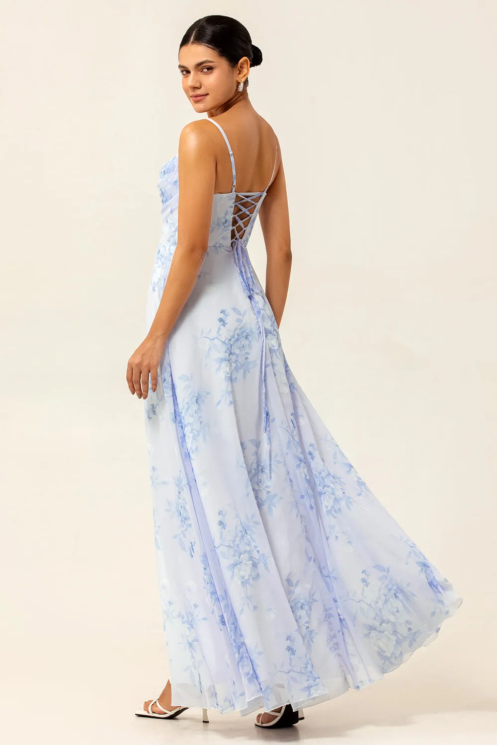 Blue Floral Spaghetti Straps A Line Long Bridesmaid Dress with Slit sold by Zapaka product image thumbnail 2