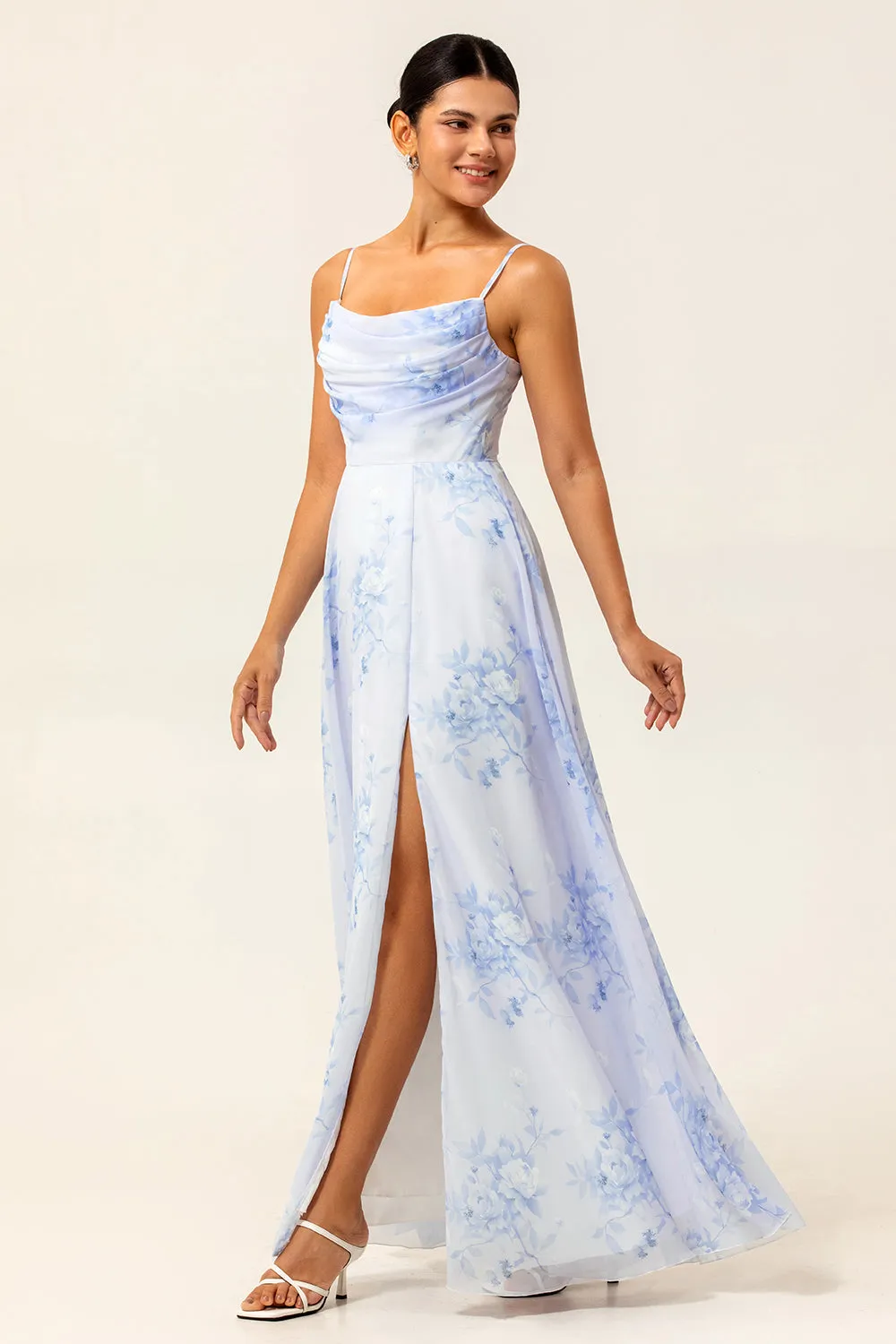 Blue Floral Spaghetti Straps A Line Long Bridesmaid Dress with Slit sold by Zapaka product image thumbnail 3