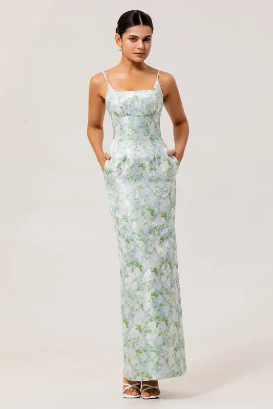 Blue White Floral Spaghetti Straps Printed Sheath Bridesmaid Dress sold by Zapaka