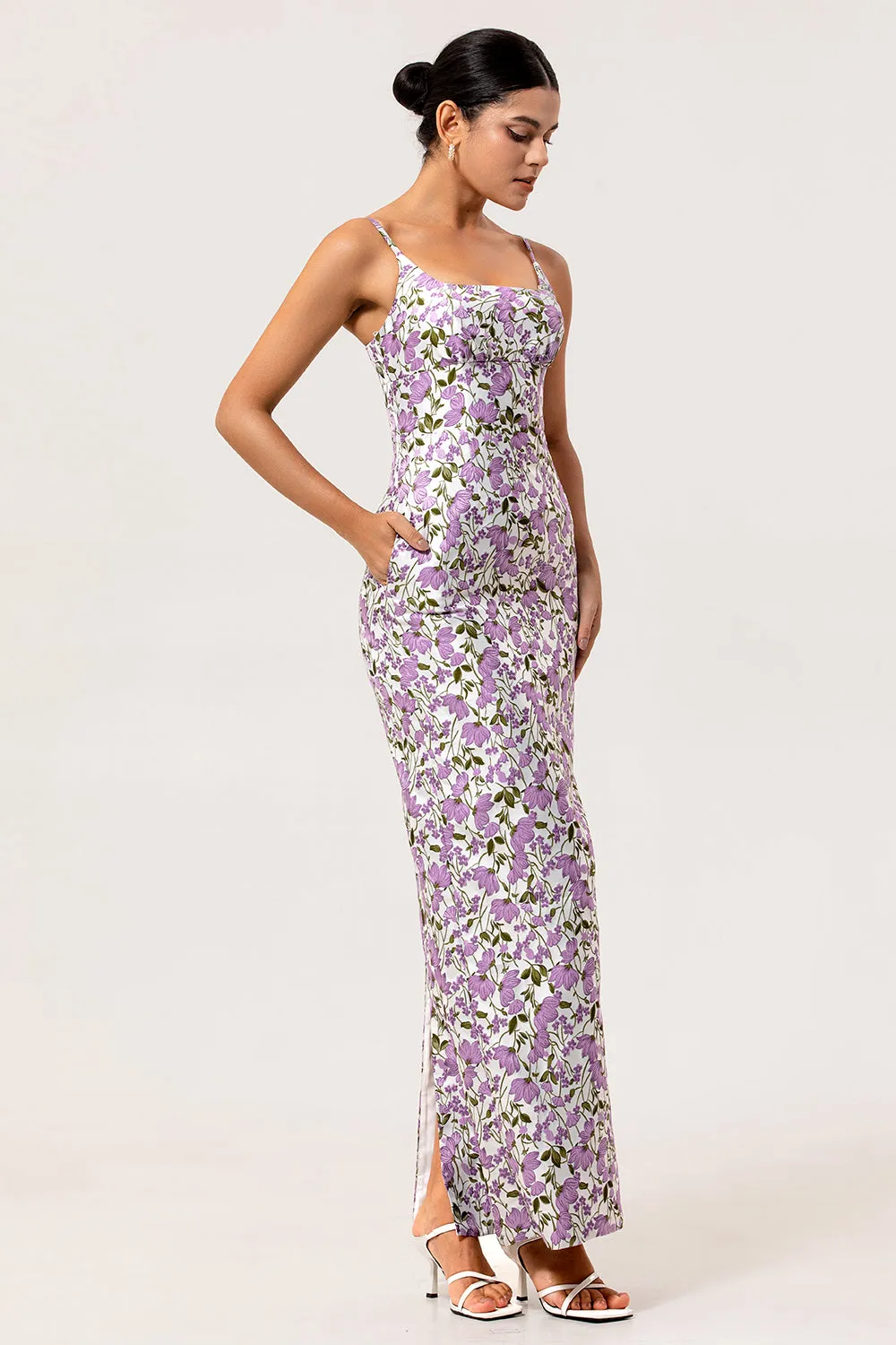 Purple Floral Sheath Printed Spaghetti Straps Long Bridesmaid Dress sold by Zapaka product image thumbnail 3