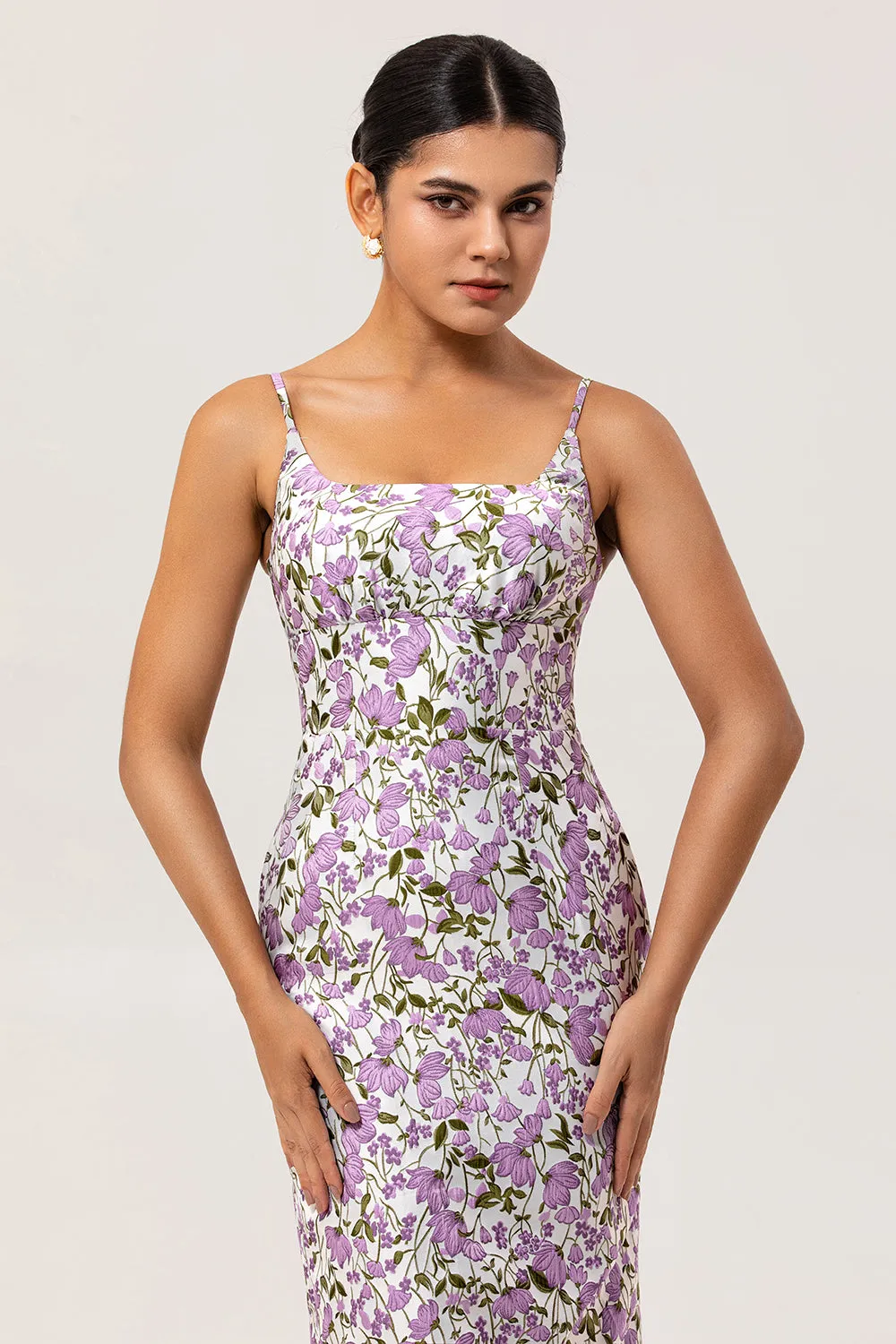 Purple Floral Sheath Printed Spaghetti Straps Long Bridesmaid Dress sold by Zapaka product image thumbnail 4