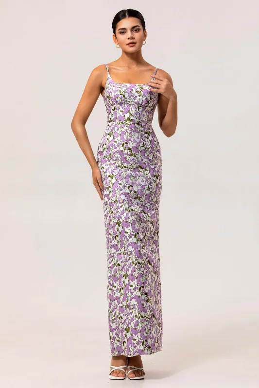 Purple Floral Sheath Printed Spaghetti Straps Long Bridesmaid Dress sold by Zapaka