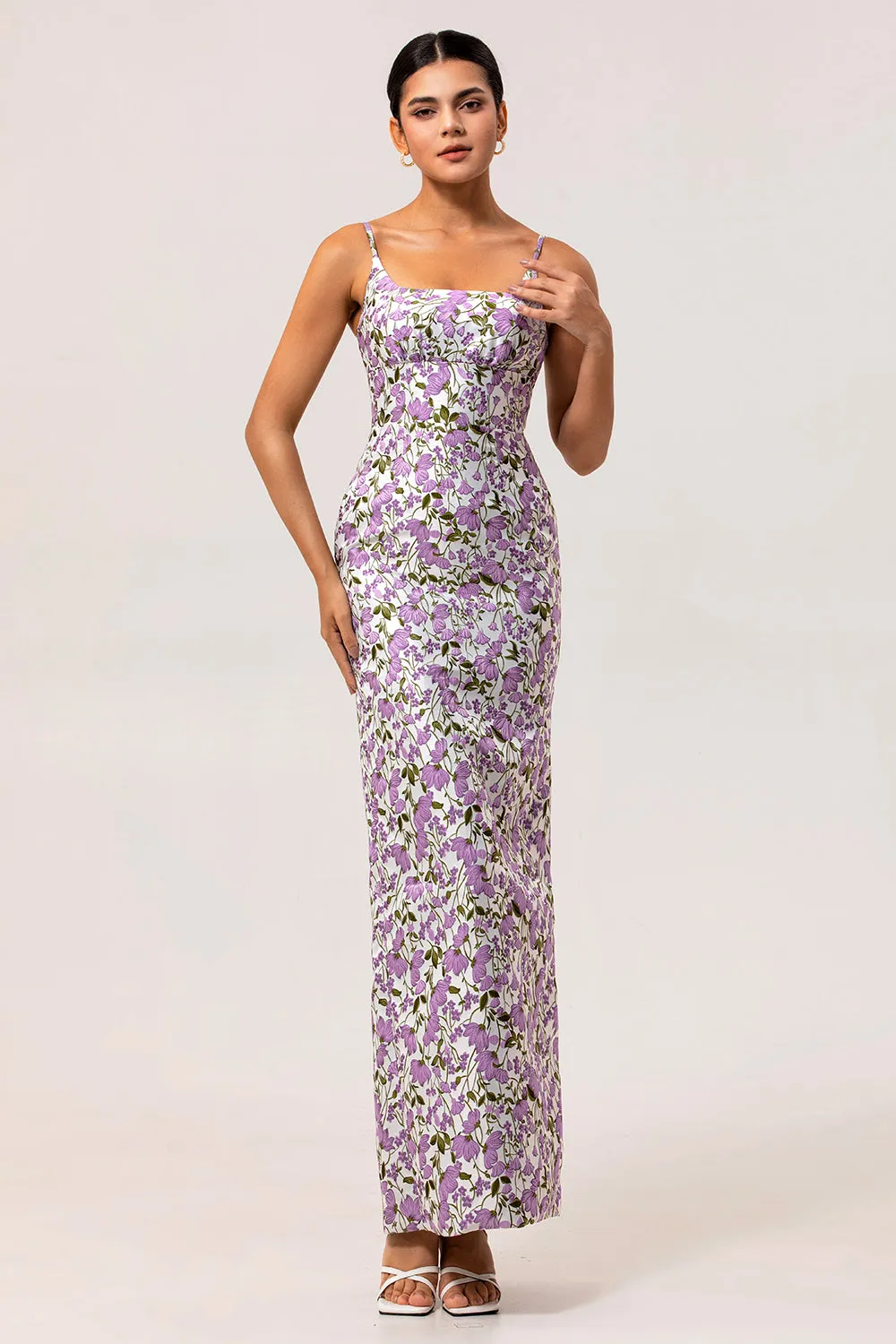 Purple Floral Sheath Printed Spaghetti Straps Long Bridesmaid Dress sold by Zapaka