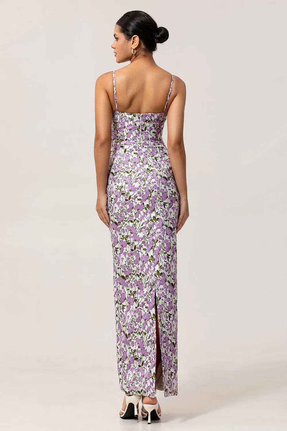 Purple Floral Sheath Printed Spaghetti Straps Long Bridesmaid Dress sold by Zapaka product image thumbnail 2