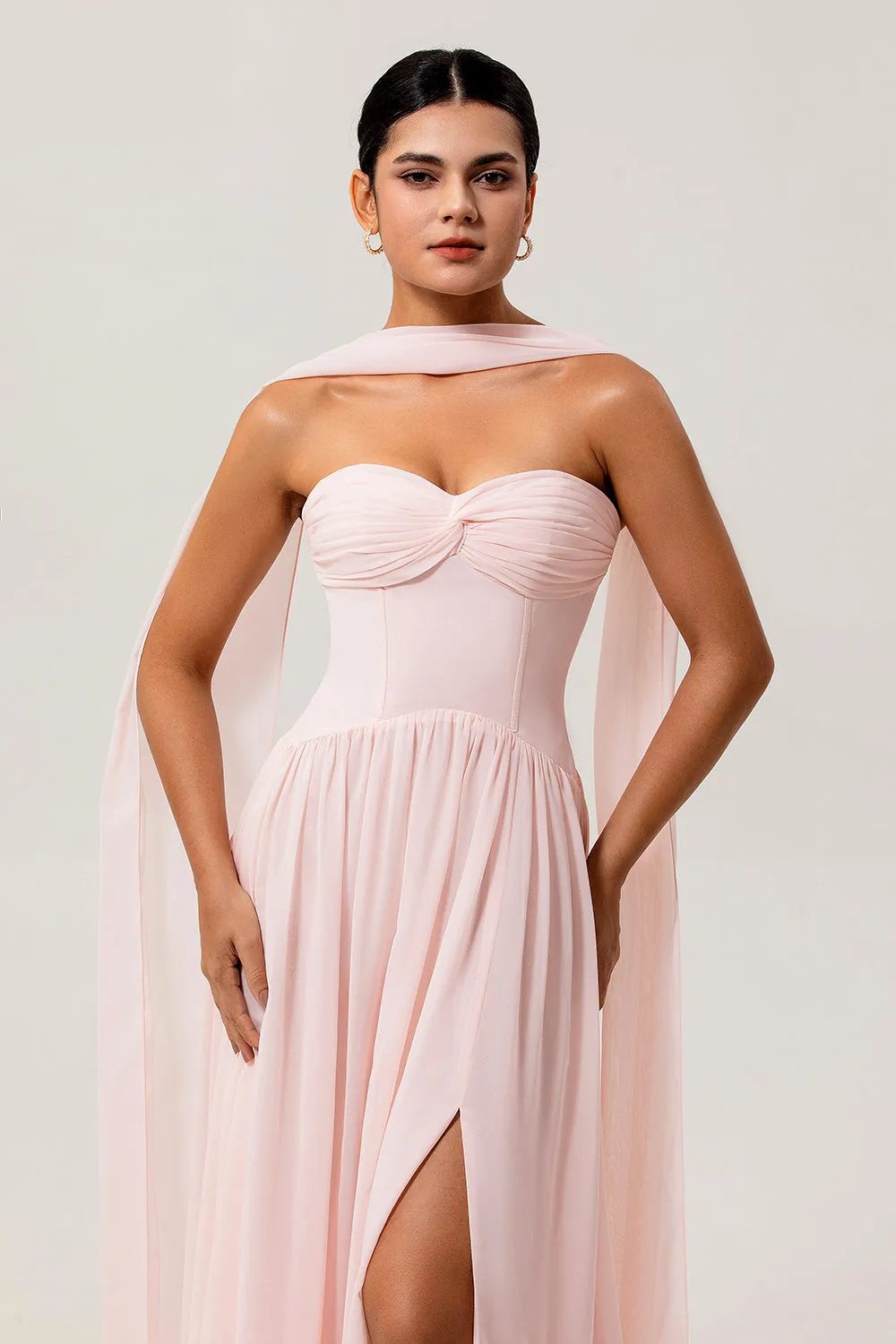 Blush A Line Ruched Strapless Chiffon Long Bridesmaid Dress with Slit sold by Zapaka product image thumbnail 4