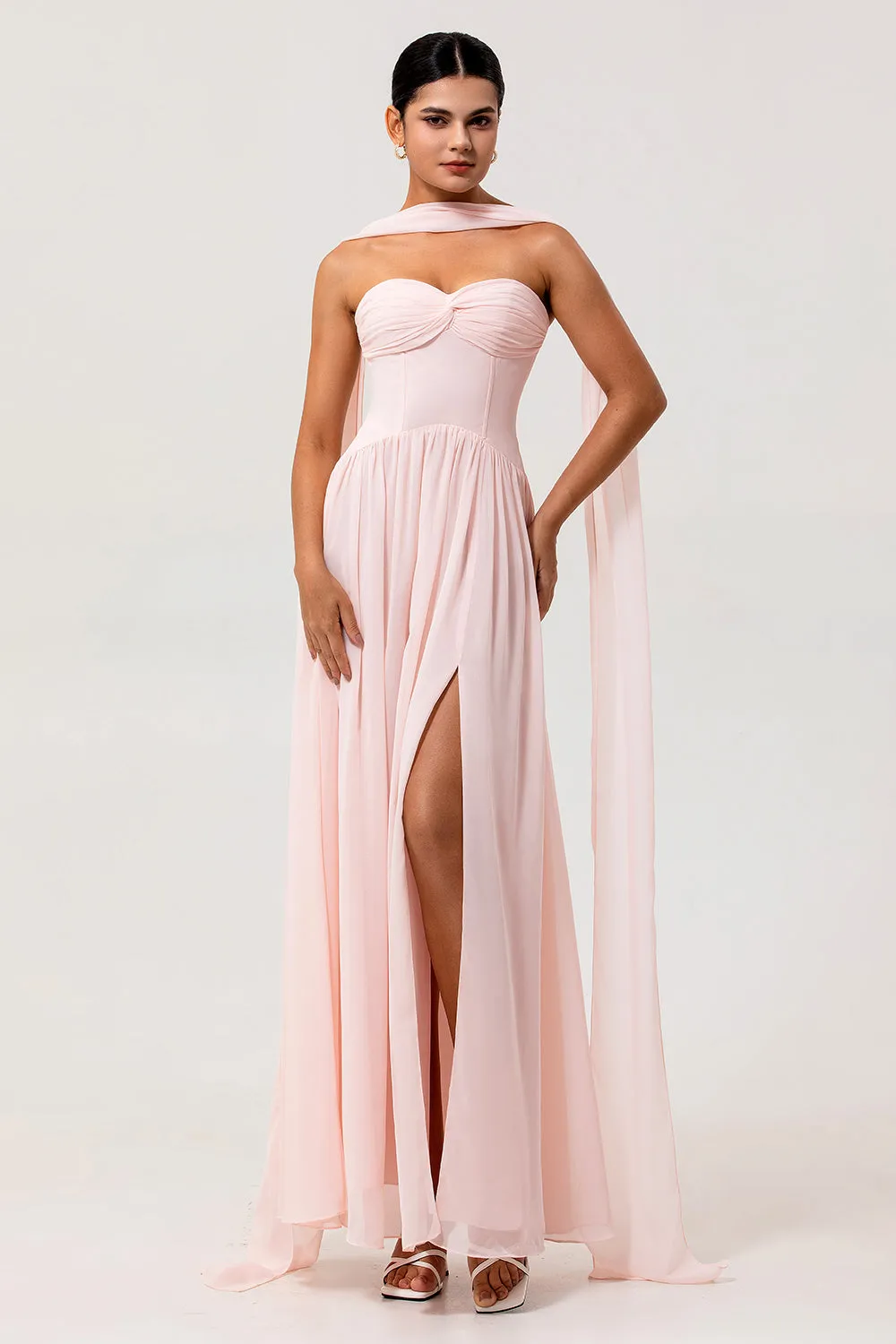 Blush A Line Ruched Strapless Chiffon Long Bridesmaid Dress with Slit sold by Zapaka