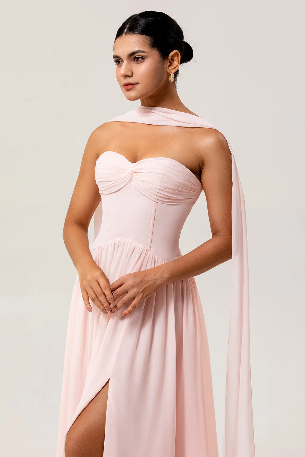Blush A Line Ruched Strapless Chiffon Long Bridesmaid Dress with Slit sold by Zapaka product image thumbnail 5