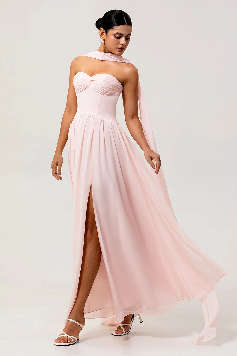 Blush A Line Ruched Strapless Chiffon Long Bridesmaid Dress with Slit sold by Zapaka product image thumbnail 3