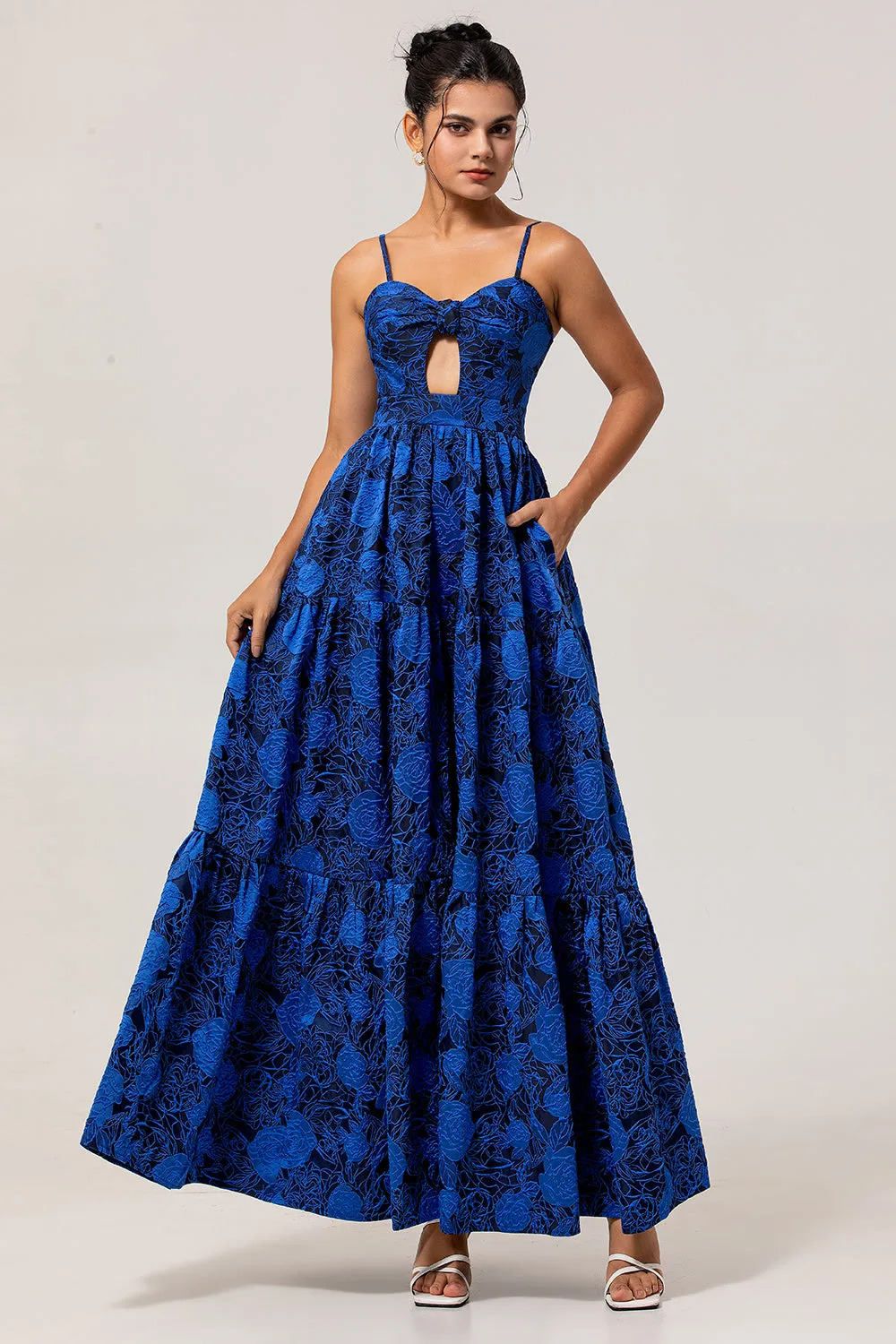 Dark Blue Jacquard A Line Spaghetti Straps Cut Out Prom Dress sold by Zapaka