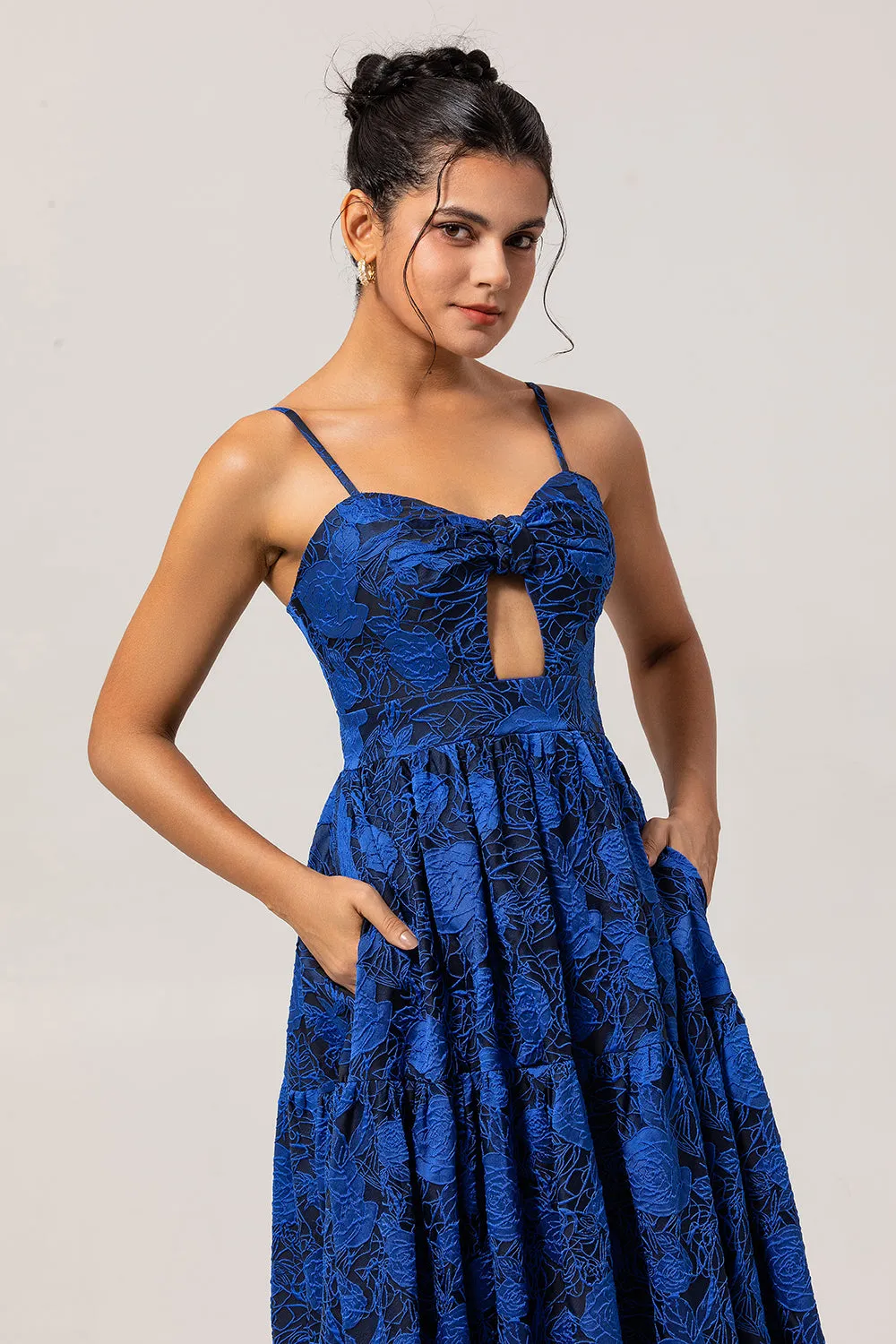 Dark Blue Jacquard A Line Spaghetti Straps Cut Out Prom Dress sold by Zapaka product image thumbnail 5