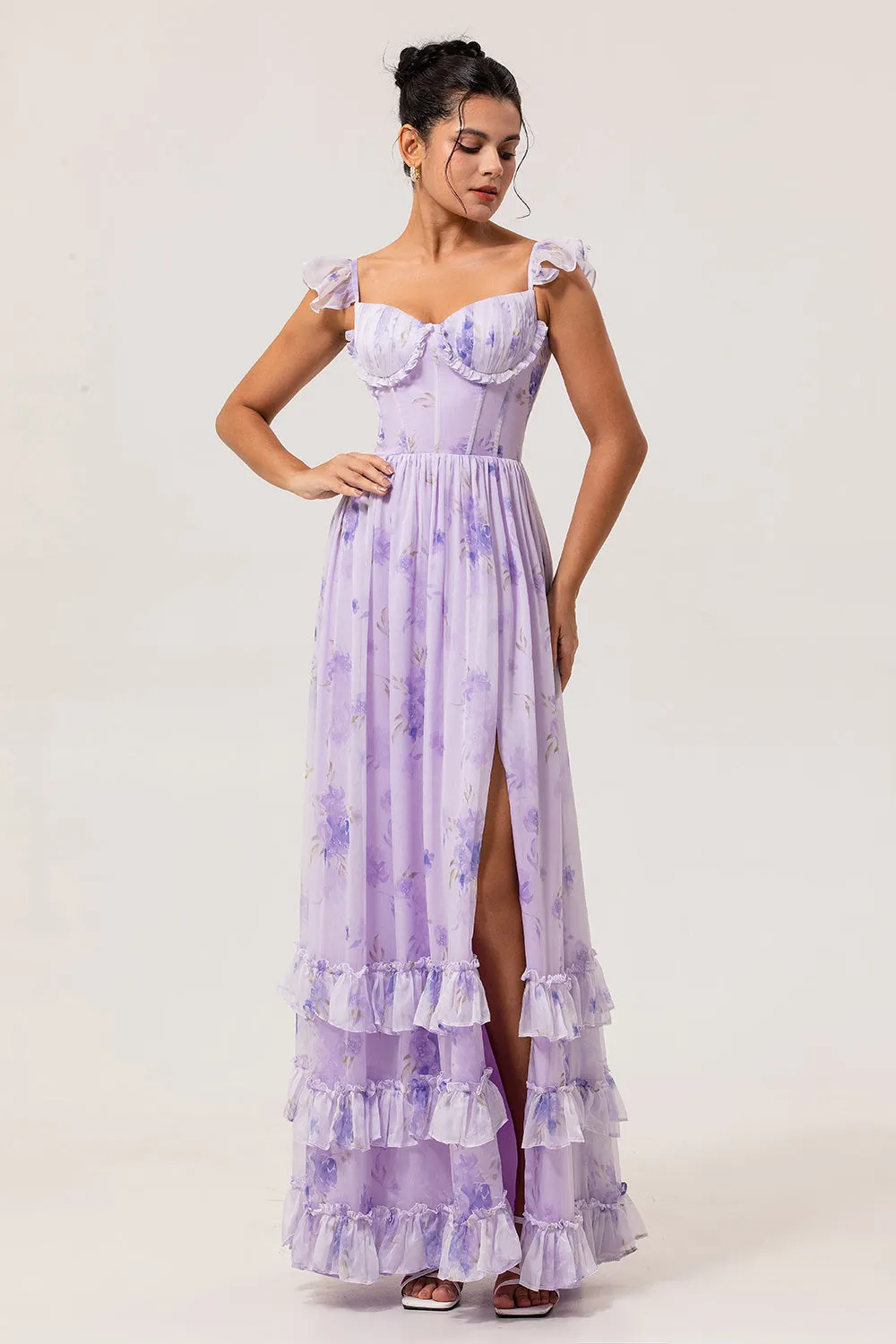 Lavender Flower A Line Printed Ruffled Corset Bridesmaid Dress with Slit sold by Zapaka product image thumbnail 3