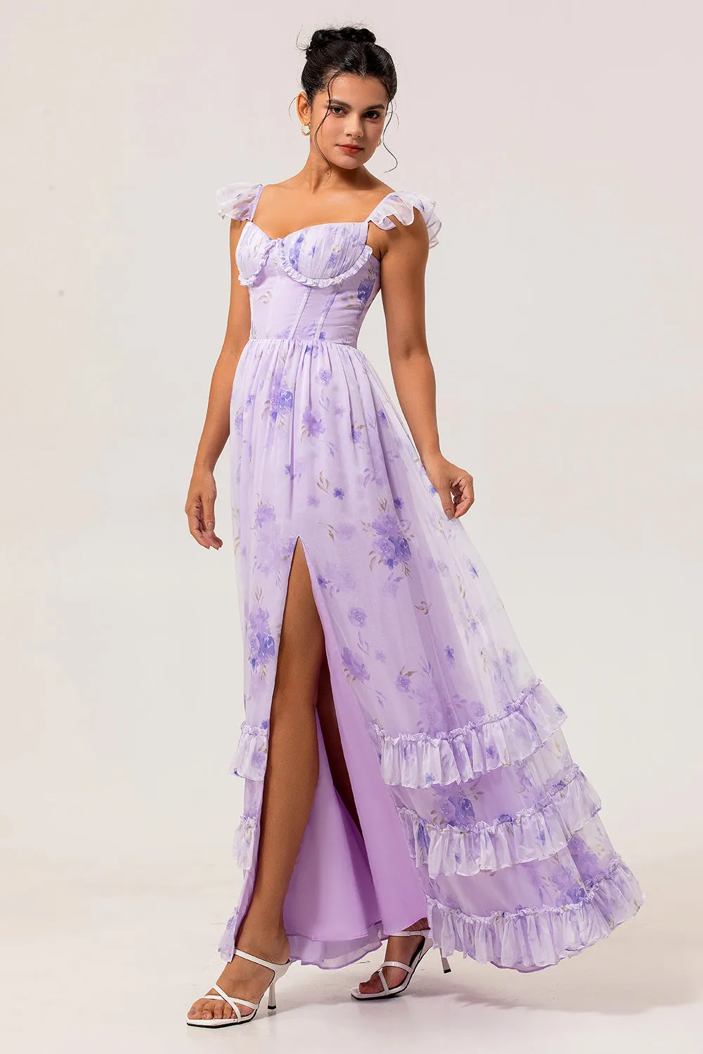 Lavender Flower A Line Printed Ruffled Corset Bridesmaid Dress with Slit sold by Zapaka product image thumbnail 4