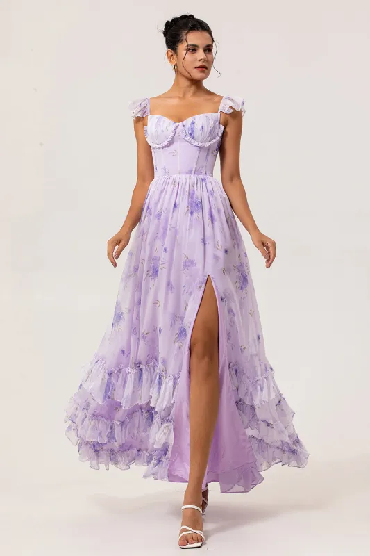 Lavender Flower A Line Printed Ruffled Corset Bridesmaid Dress with Slit sold by Zapaka