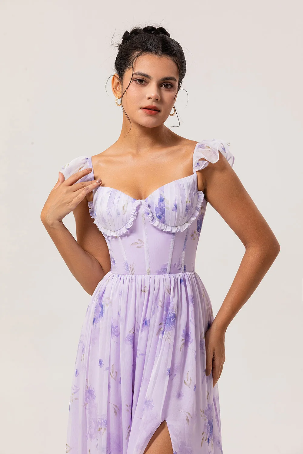 Lavender Flower A Line Printed Ruffled Corset Bridesmaid Dress with Slit sold by Zapaka product image thumbnail 5